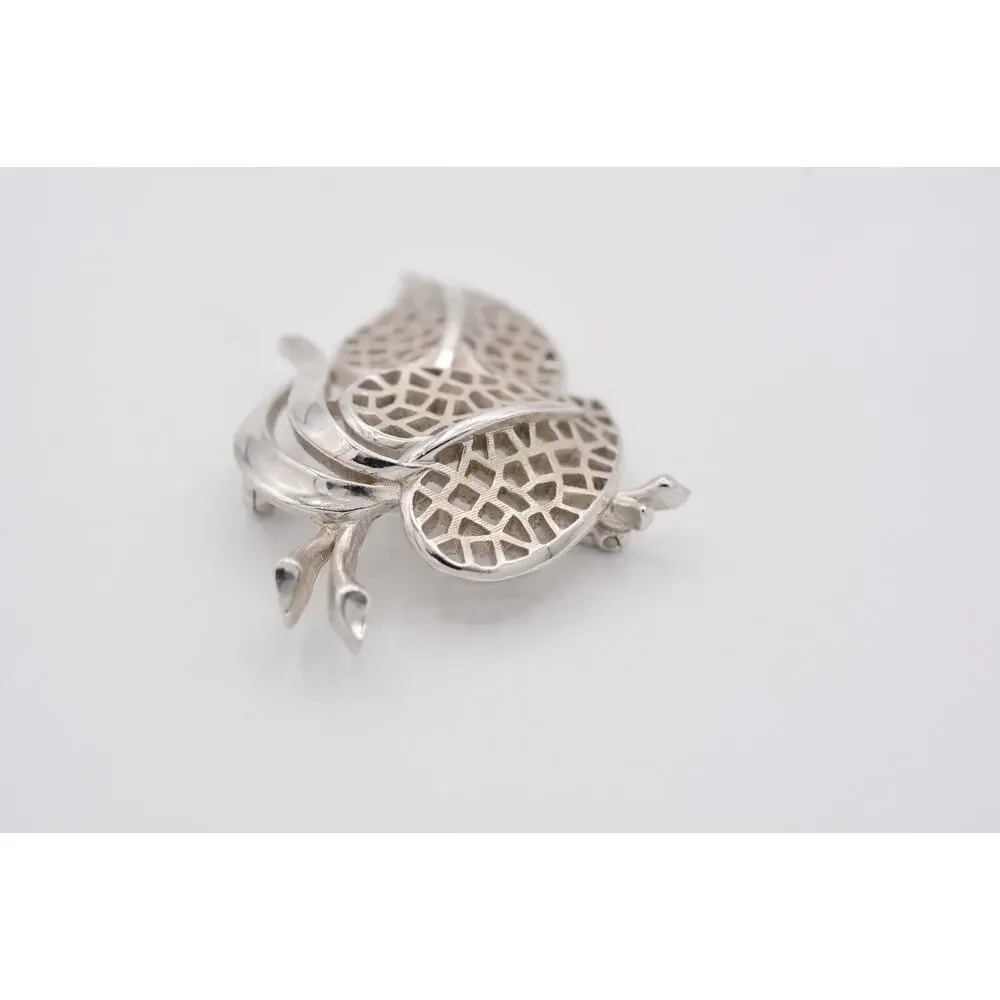 Crown Trifari Vintage Leaf Pin Brooch Brushed Silver Filigree Signed 1940s Bin5A